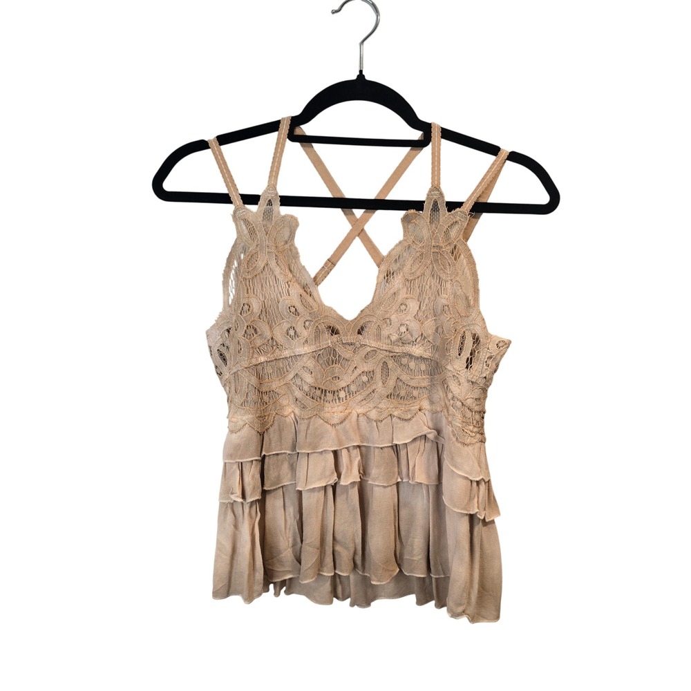 POL Cami Tank Top Women Medium Beige Lace Ruffle Tiered Boho NWOT